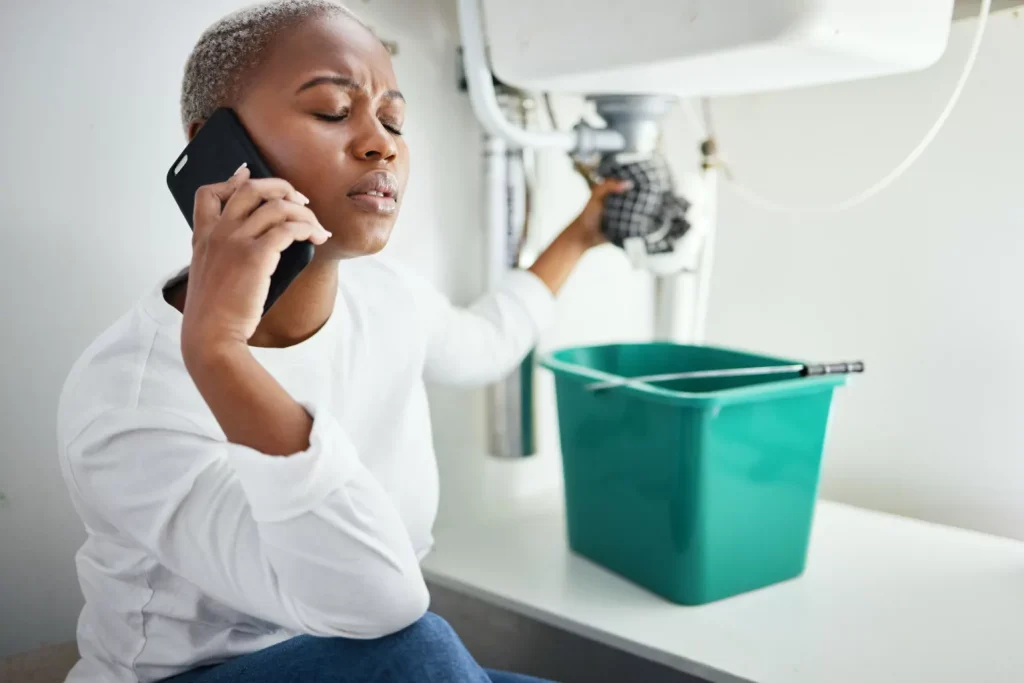 Worried woman calling the plumber